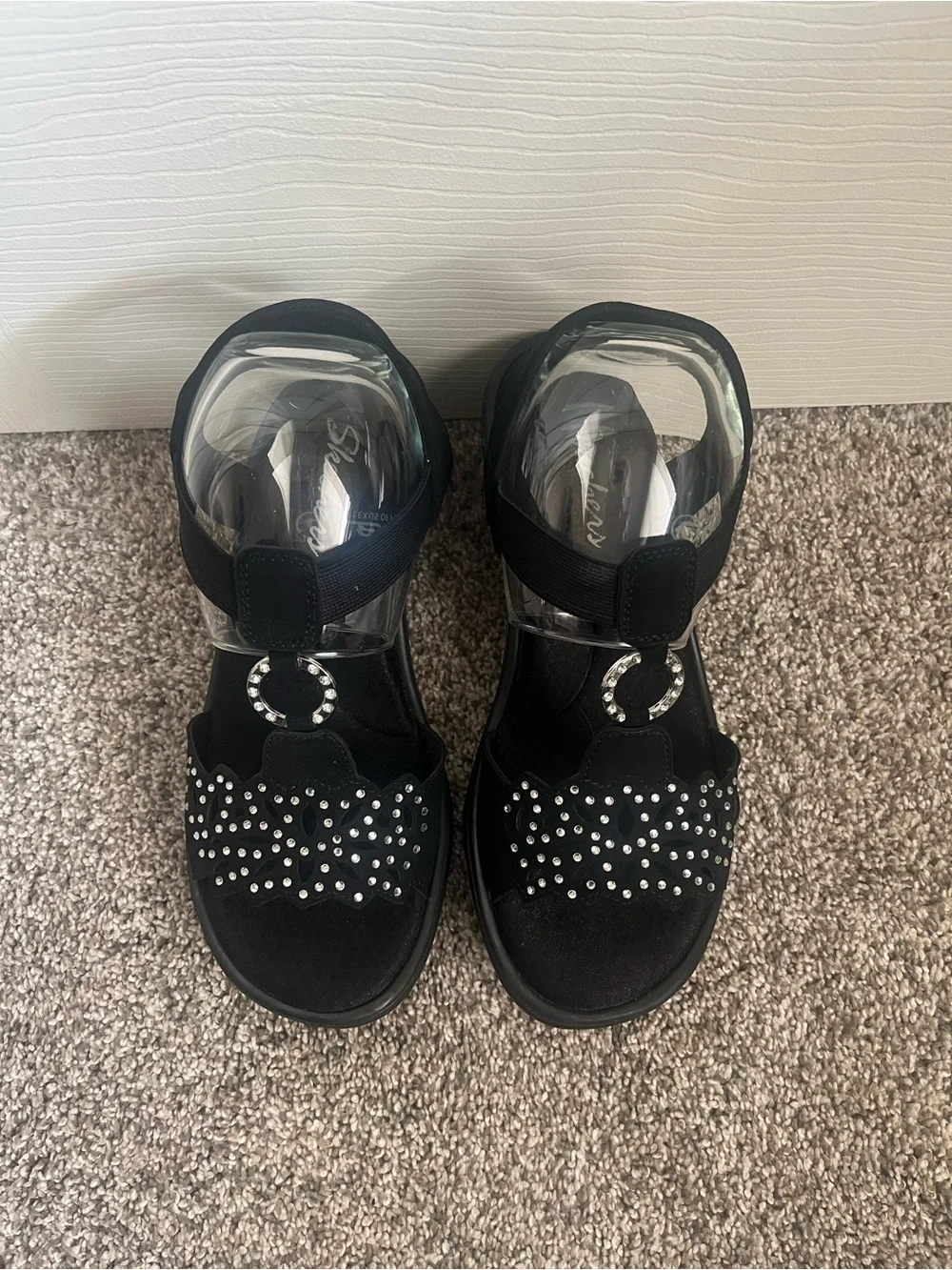 Skechers Black Wedge Sandals with Rhinestone Accents